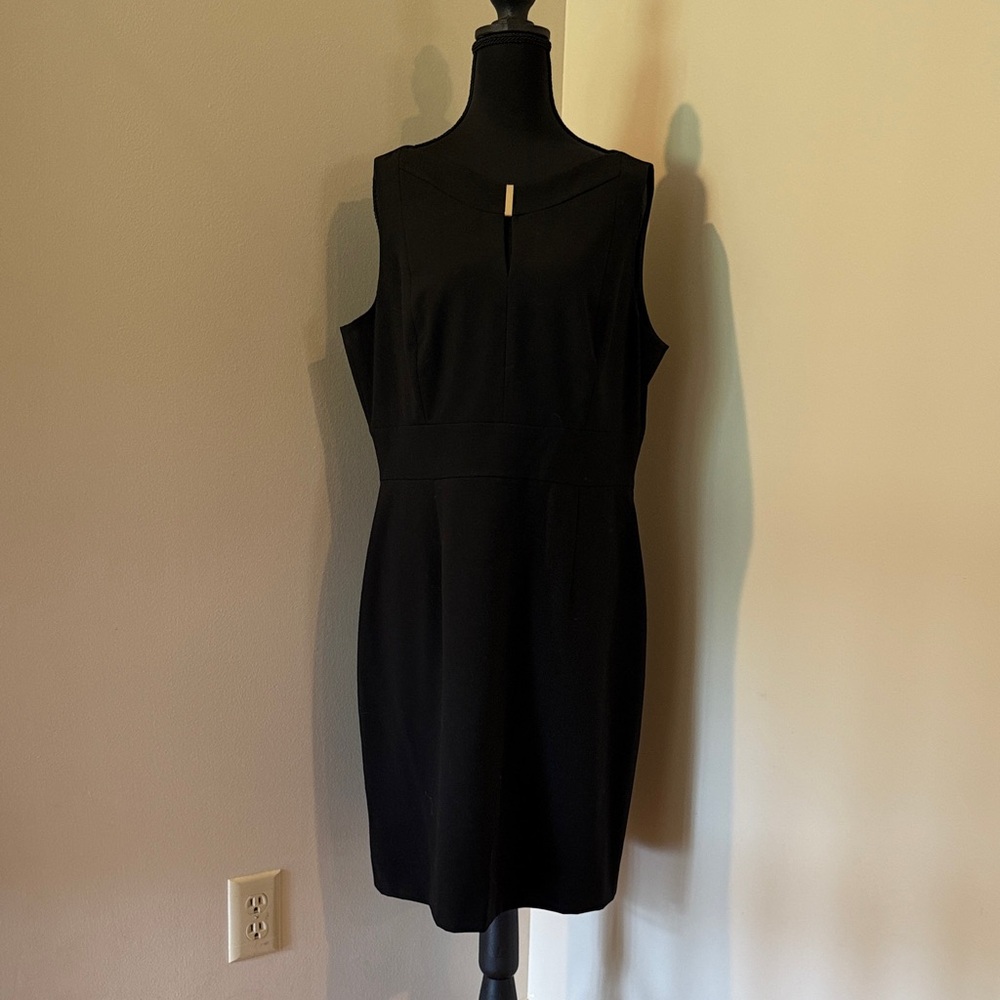 Tahari Black Sleeveless Midi Sheath Dress with Subtle Neck Accent